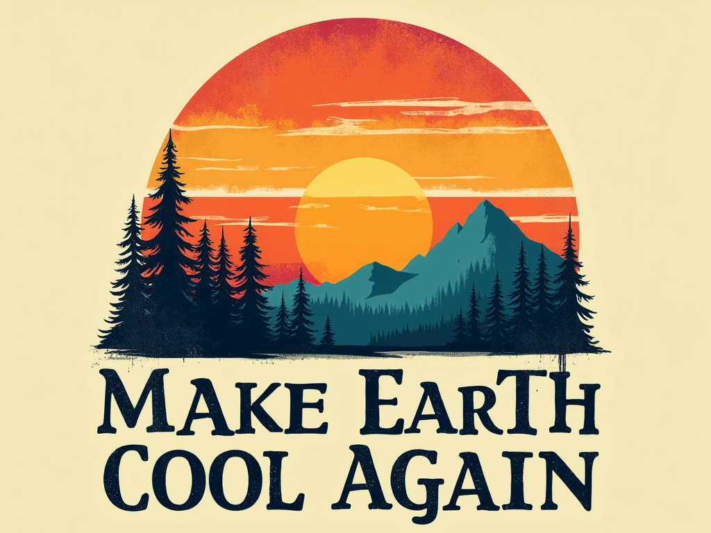 A design featuring a classic retro sunset (banded colors like orange, red, yellow) with a silhouette of a healthy Earth or thriving nature scene (e.g., trees, mountains). 'Make Earth Cool Again' is featured prominently in a clean, friendly retro font, perhaps with a slightly faded or screen-printed texture.