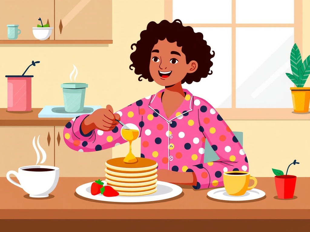  a young woman sitting at a kitchen table with a stack of pancakes in front of her. She is wearing a pink polka-dot pajama set with white polka dots and has curly hair. The woman is holding a spoon and is smiling as she prepares the pancakes. On the table, there are two cups of coffee, a plate of strawberries, and a small potted plant. In the background, there is a window with a view of the kitchen. The overall color scheme of the image is bright and cheerful.