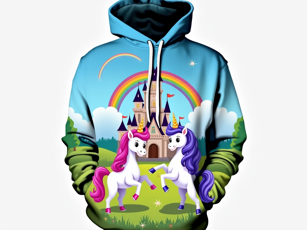 Hoodie showcasing a fantasy castle scene with happy unicorns and colorful rainbows.