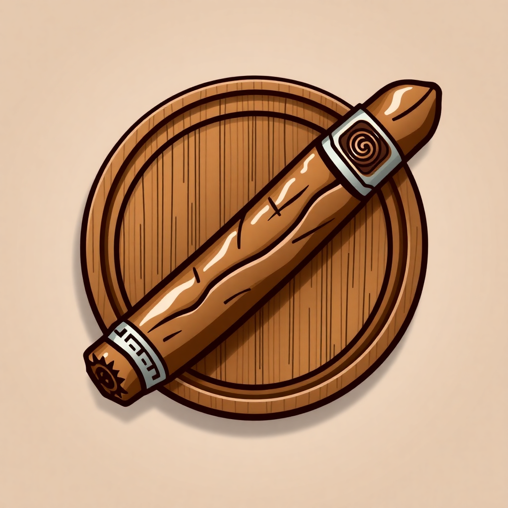 The image is a digital illustration of a cigar on a wooden plate. The cigar is brown in color and has a cylindrical shape with a pointed end. It is resting on the plate, which is circular in shape and appears to be made of light-colored wood. The plate has a textured surface with visible lines and grooves. The background is a light beige color. The overall style of the illustration is simple and cartoon-like.