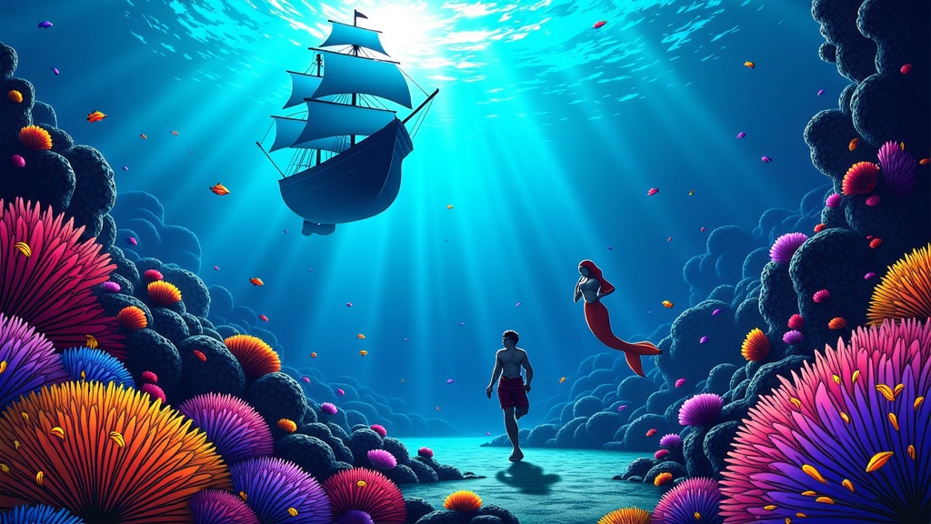 An underwater perspective: looking up at the silhouette of Sinbad's ship passing over a vibrant, surreal coral reef teeming with fantastical, glowing sea creatures and perhaps elusive merfolk watching the vessel's passage.