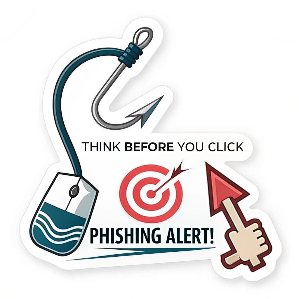 Sticker Sub-Design 1: A computer mouse cursor pointing towards a stylized fishhook that resembles an email or link icon. Text: 'Think Before You Click' positioned prominently, with 'Phishing Alert!' as a clear warning.