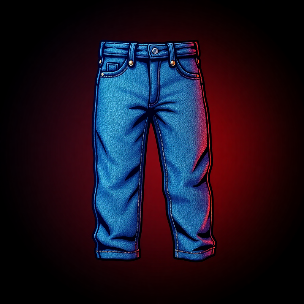 The image is a digital illustration of a pair of blue jeans. The jeans are shown in a side view, with the front and back of the jeans facing towards the viewer. The background is black, and the jeans are outlined in a bright blue color. The waistband is adjustable with two metal buckles, and there are two pockets on the front. The legs are slightly tapered, and they appear to be made of a denim-like material. The overall style of the illustration is simple and cartoon-like.