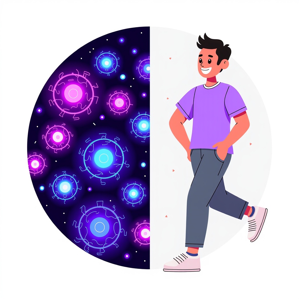 A split image: one side shows a microscopic view of cells with subtle, AI-detected predictive markers glowing. The other side shows a healthy, active individual, symbolizing the positive outcome of early AI diagnosis.