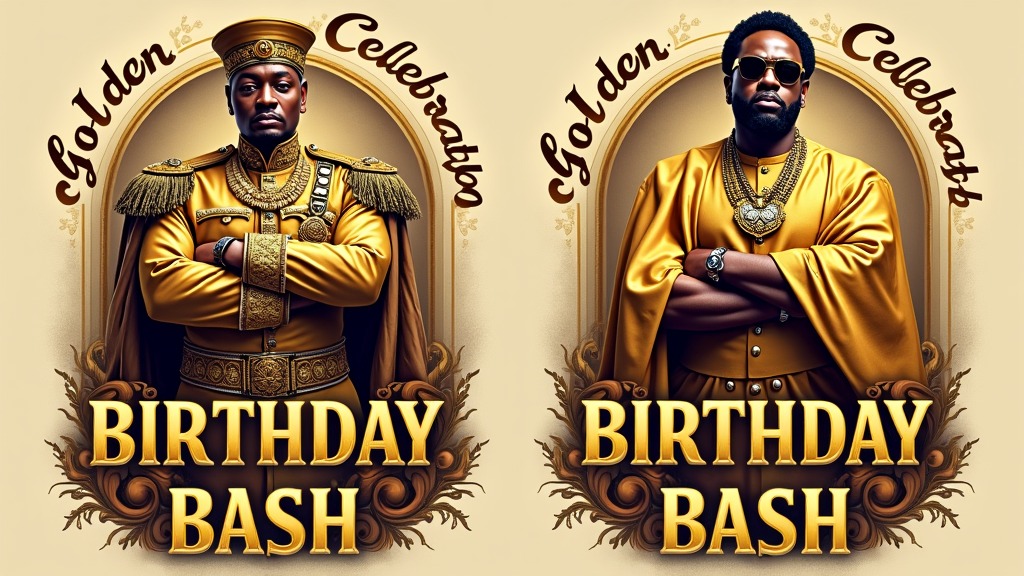 A regal portrait of Master P stylized as 'The Colonel,' perhaps in a golden military-esque uniform or a king's robe, with 'Golden Celebration' in an elegant script font and 'Birthday Bash' more prominently displayed.