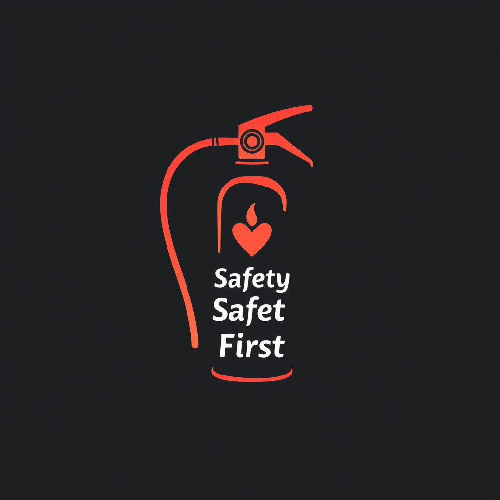 A stylized fire extinguisher icon, with the words 'Safety First' integrated into the design.