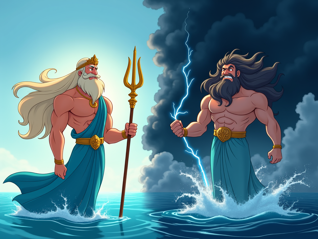 A duality concept: half of the image showing the tranquil sea with Poseidon as a peaceful ruler, and the other half showing the wrathful Poseidon causing a tempest.