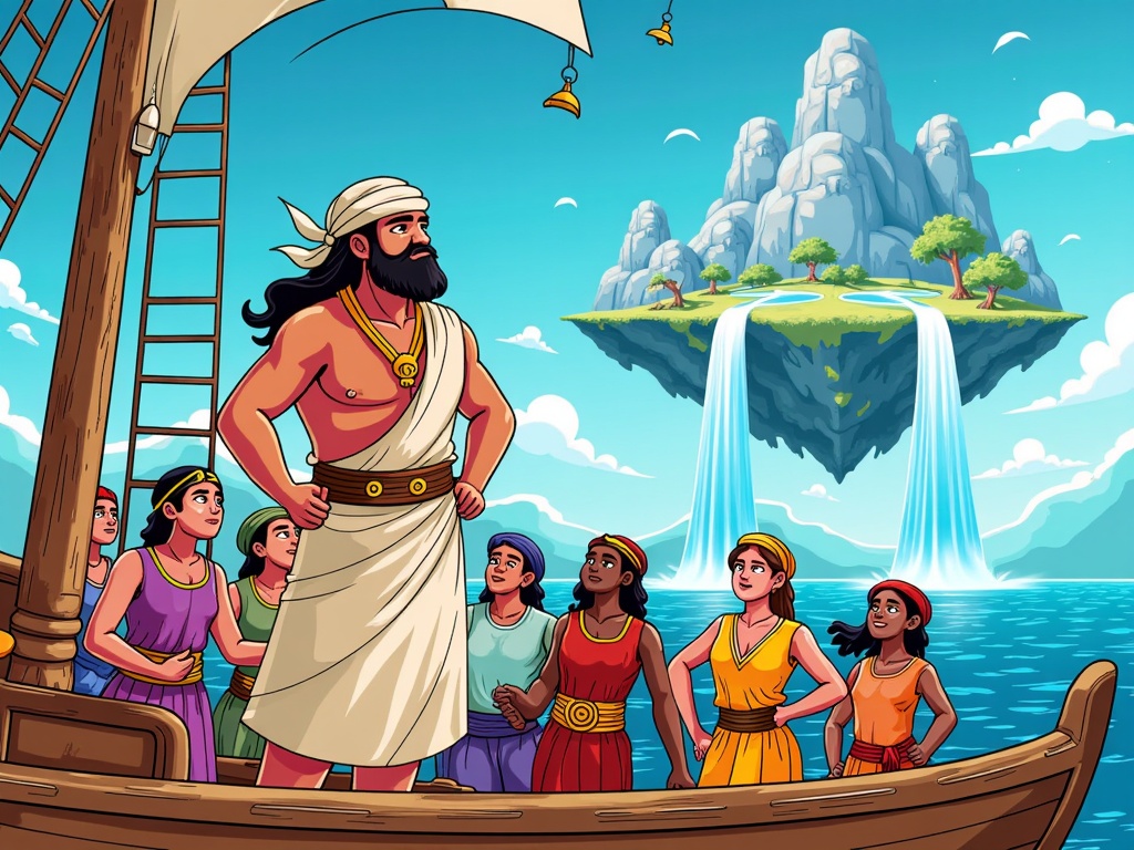 A scene focusing on the reactions of Sinbad and his crew on the deck of their dhow, looking with awe and trepidation at a distant, floating island wreathed in magical mists and waterfalls that fall into the sky.
