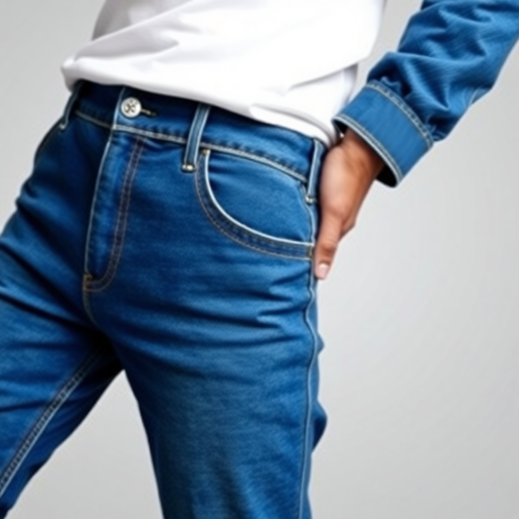  a close-up of a person's lower body, from the waist down. The person is wearing a pair of blue jeans and a white t-shirt. The jeans are slim fit and have a faded wash, giving them a vintage look. The waistband is buttoned up with a silver button and there is a small pocket on the right side of the waistband. The background is plain white, making the blue jeans stand out.