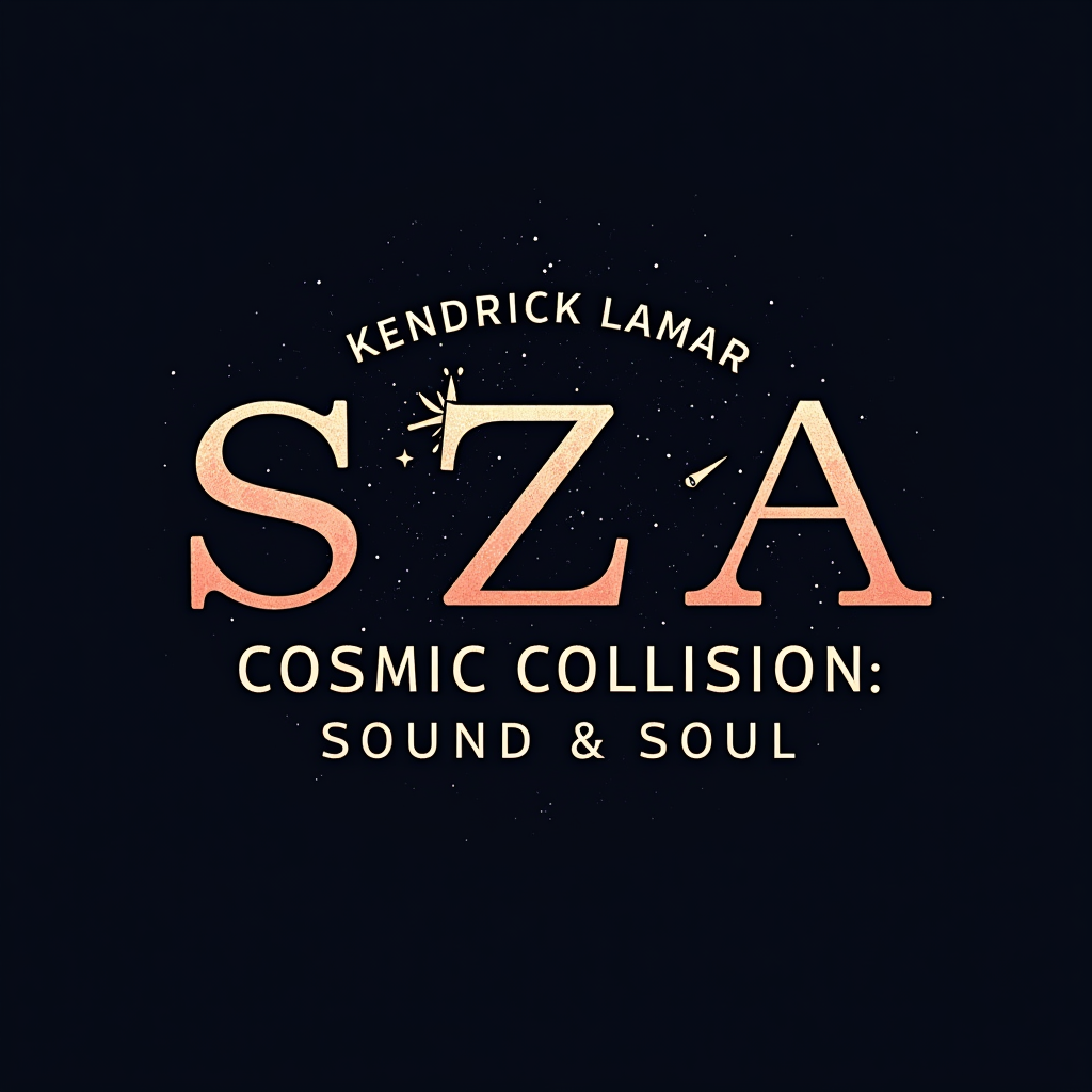 Simple Logo Idea: Artist names 'Kendrick Lamar' & 'SZA' in contrasting yet harmonious typography. The ampersand '&' stylized as a comet, spark, or subtle collision graphic. The theme 'Cosmic Collision: Sound & Soul' positioned beneath in a clean, modern typeface.