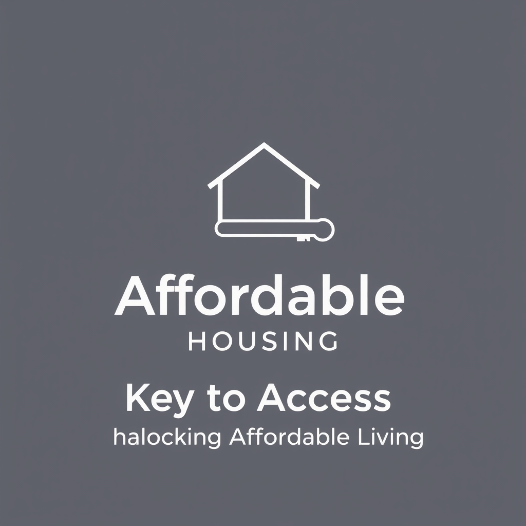 Simple Logo Concept: A minimalist icon of a key whose handle (bow) forms a house silhouette. This is paired with clean typography for 'Affordable Housing' and the tagline 'Key to Access: Unlocking Affordable Living' clearly legible underneath.
