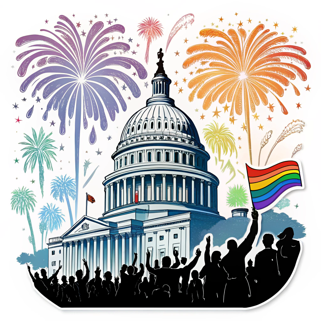 Sub-Design 4: Capital Celebration Silhouettes - A striking silhouette of a Washington D.C. landmark (e.g., Capitol Building) with celebratory crowd silhouettes in the foreground. Subtle rainbow light effects or silhouette fireworks in pride colors.