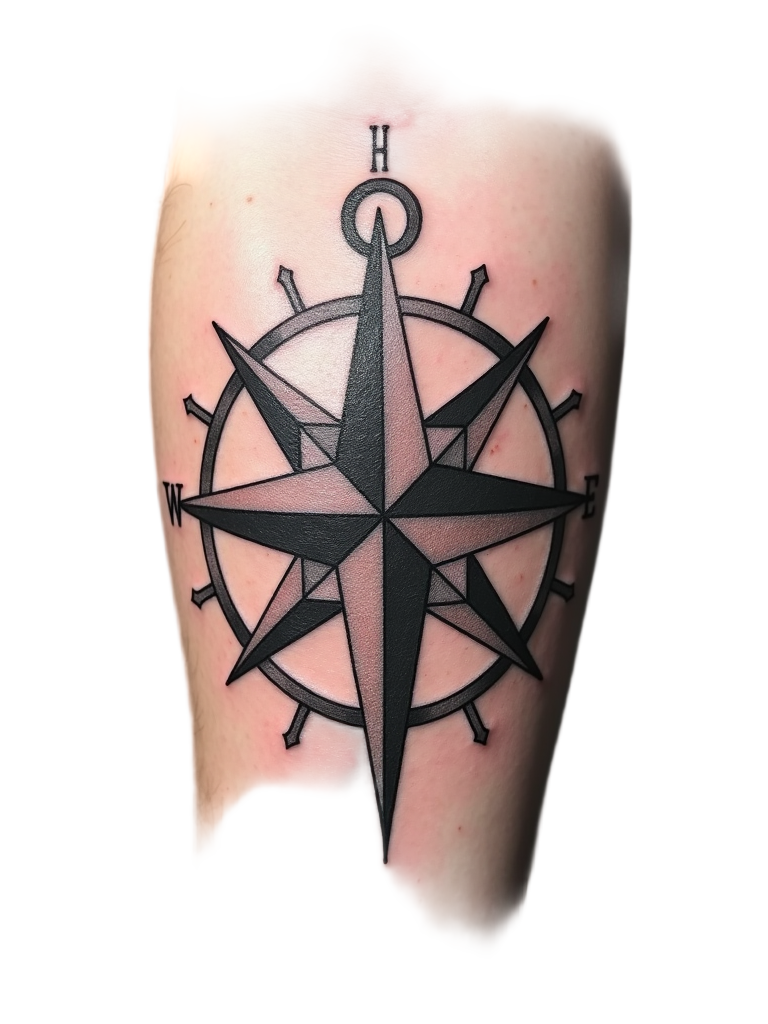 A timeless compass rose tattoo on the upper arm, detailed with a central star and cardinal points, suggesting guidance and adventure.