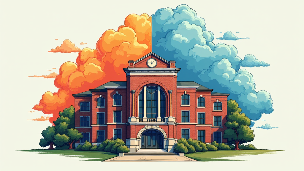 A split design showing half a classic campus building and half a stylized cloud, visually representing the two components of hybrid learning.