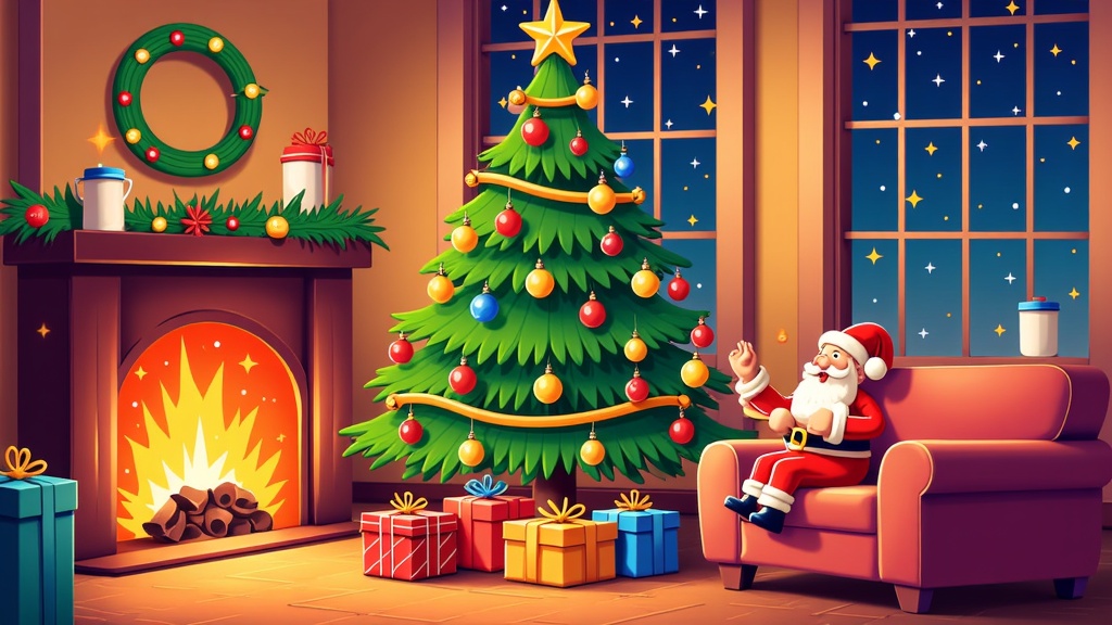 The image shows a cartoon Santa Claus sitting on a couch in front of a Christmas tree adorned with colorful balls, stars, and other festive decorations. On the left side of the image, there is a fireplace with gift boxes and other objects on the mantelpiece, and a wreath on the wall. Through the glass windows in the background, stars can be seen twinkling in the night sky.