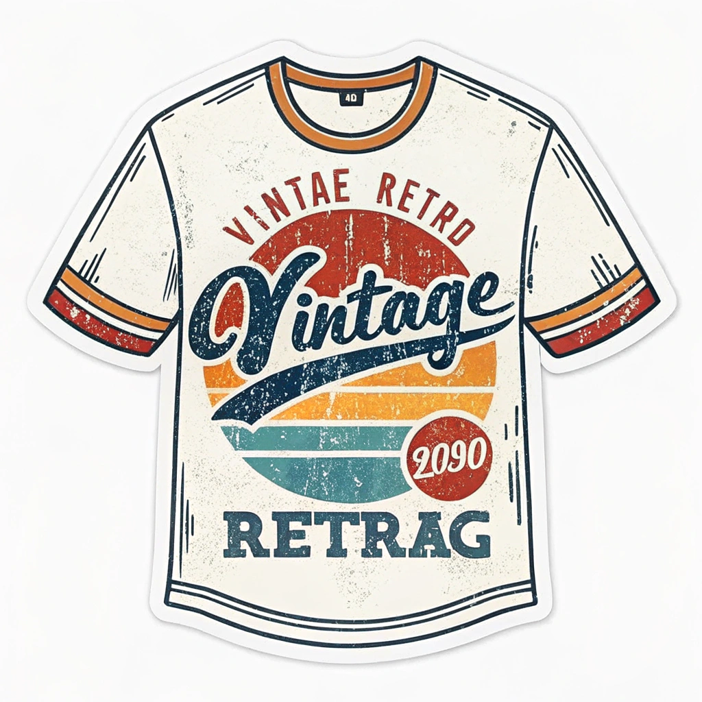 The image is a sticker of a vintage t-shirt design. The design is in a retro style with a white background and orange and blue accents. The word Vintage is written in a cursive font in the center of the design, with the words Retrag written above it in a larger font size than the rest of the text. Below the word, there is a circular design in orange, blue, and green colors, with a red circle in the bottom right corner. The words 2020 are written in smaller font size below the circle. The overall design has a vintage feel to it.