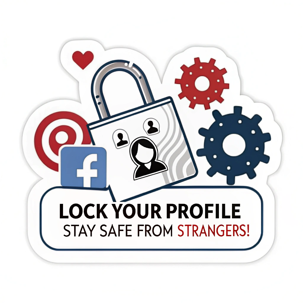Sub Design 5: Sticker illustrating a padlock over a generic social media profile icon or settings gear, with the message 'Lock Your Profile, Stay Safe from Strangers!'