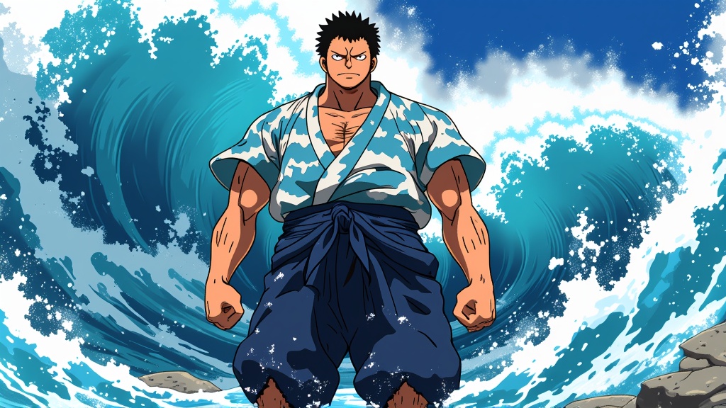 Jinbe, the helmsman and whale of a fighter, standing tall as ocean waves crash behind him, symbolizing his strength and wisdom within the One Piece universe.