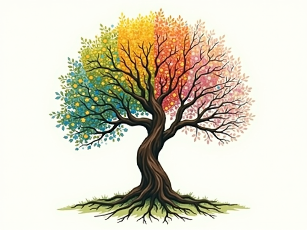 Sub-design 3: The Tree of Life depicted through the four seasons, with sections of the tree showing spring blossoms, summer foliage, autumn colors, and winter branches, representing Earth's cycles and resilience.