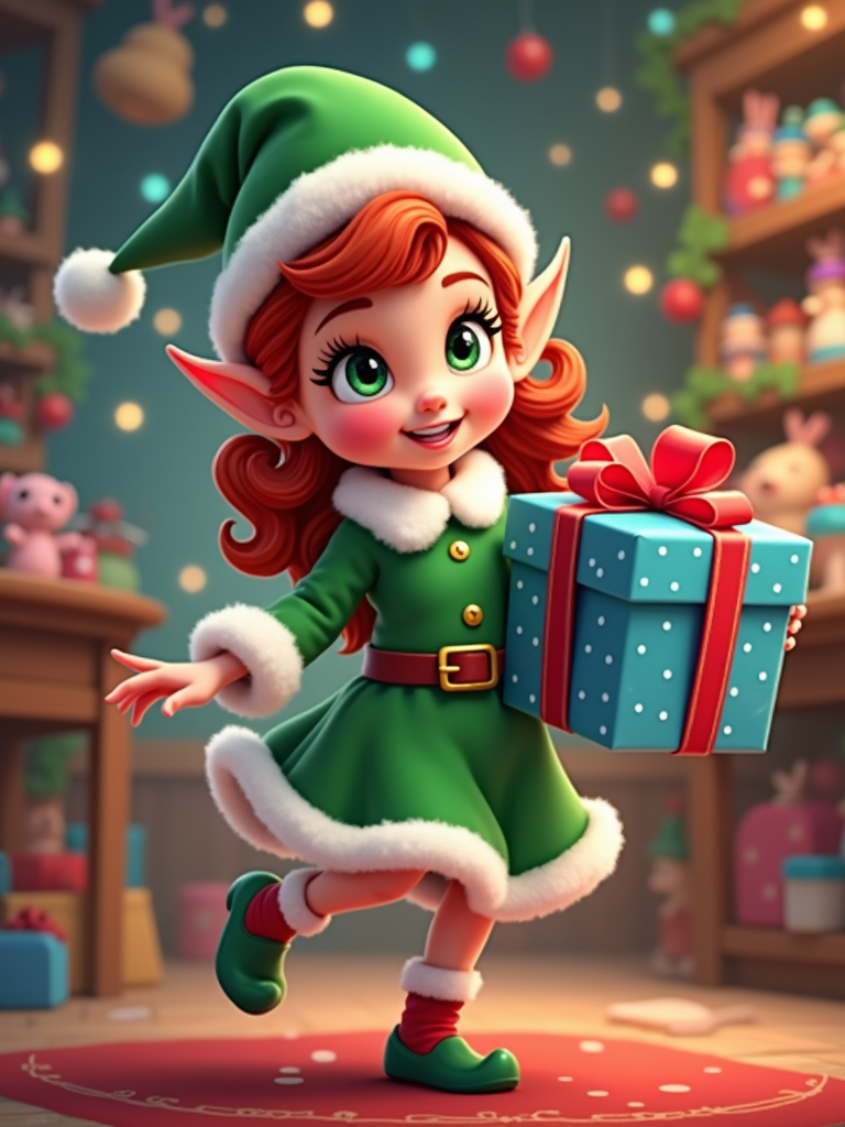 The image is a digital illustration of a cute Christmas elf girl. She is wearing a green dress with white fur trim and a red Santa hat with a white pom-pom on top. She has long red hair and is holding a blue gift box with a red ribbon in her right hand. The elf is standing on a red rug in front of a bookshelf filled with books and toys. The background is decorated with colorful ornaments and lights. The overall mood of the image is festive and cheerful.