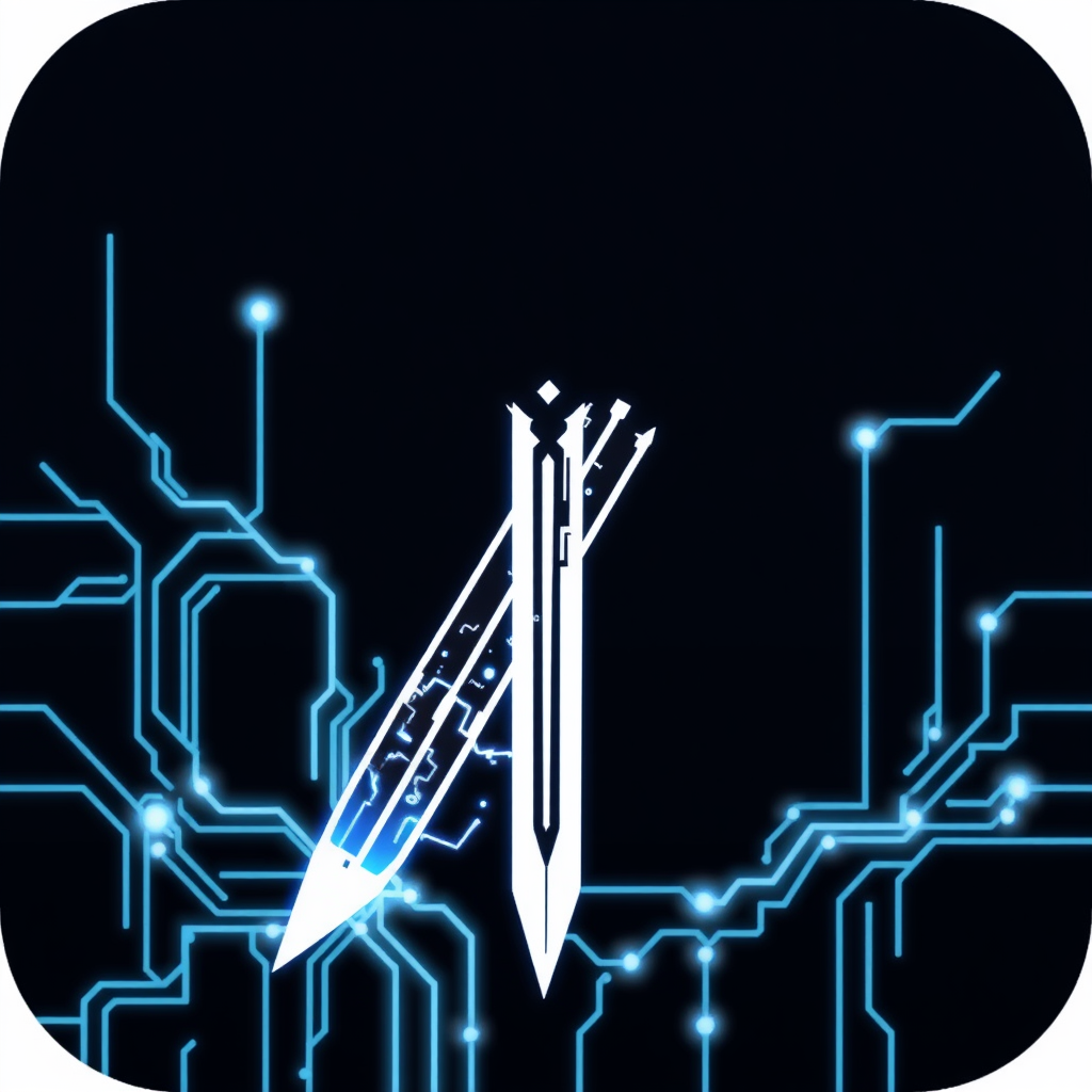 Cybernetic Sword & Network: A sword silhouette, possibly stylized with pixel art elements or an energy blade, where the blade forms or is intertwined with a digital network pattern or circuit lines.