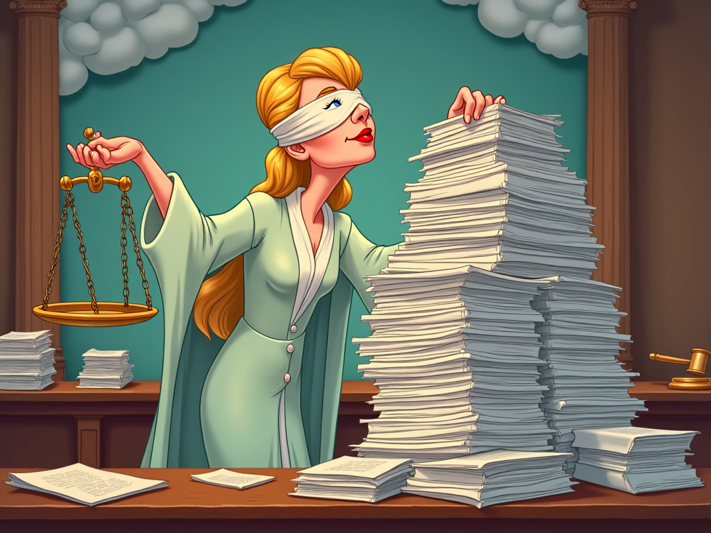 A satirical cartoon of Lady Justice juggling backlogged court cases, characterized by a mountain of paperwork tipping her scales with a wink peeking from under the blindfold, making light of legal system delays.