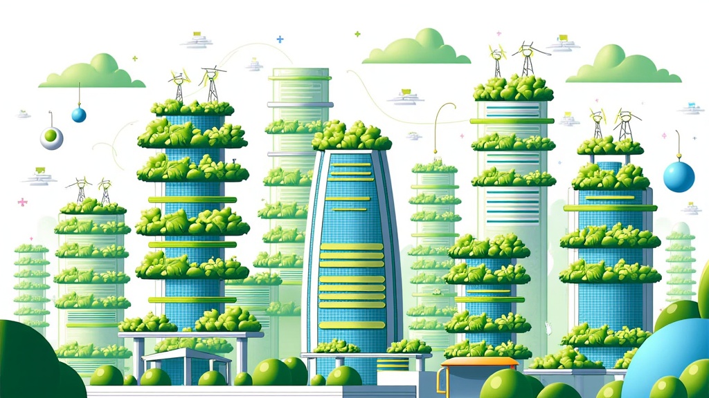 Illustrations of futuristic smart cities and green infrastructure, where sustainable technology, clean data flows, and ecological designs (like vertical gardens on buildings) create efficient and environmentally friendly urban ecosystems powered by visible green energy networks.