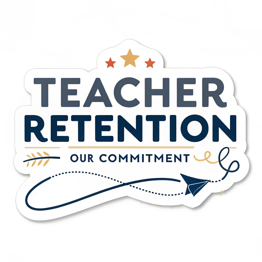 Simple Logo Idea: The words 'TEACHER RETENTION' in a bold, supportive font, with 'OUR COMMITMENT' as a tagline. A subtle design element like a continuous line weaving through the words, ending in an upward arrow, can represent support and longevity.