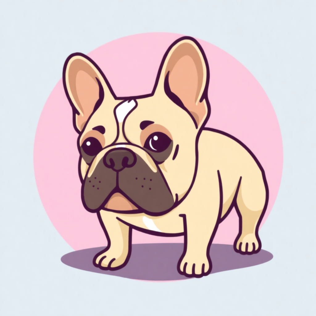 The image is a digital illustration of a small French Bulldog puppy. The puppy is standing on all fours with its body facing towards the left side of the image. It has a round head with two large ears and a small nose. Its eyes are large and round, and its mouth is slightly open, as if it is looking directly at the viewer. The background is a light pink circle with a light blue gradient. The overall style of the illustration is cartoon-like and playful.