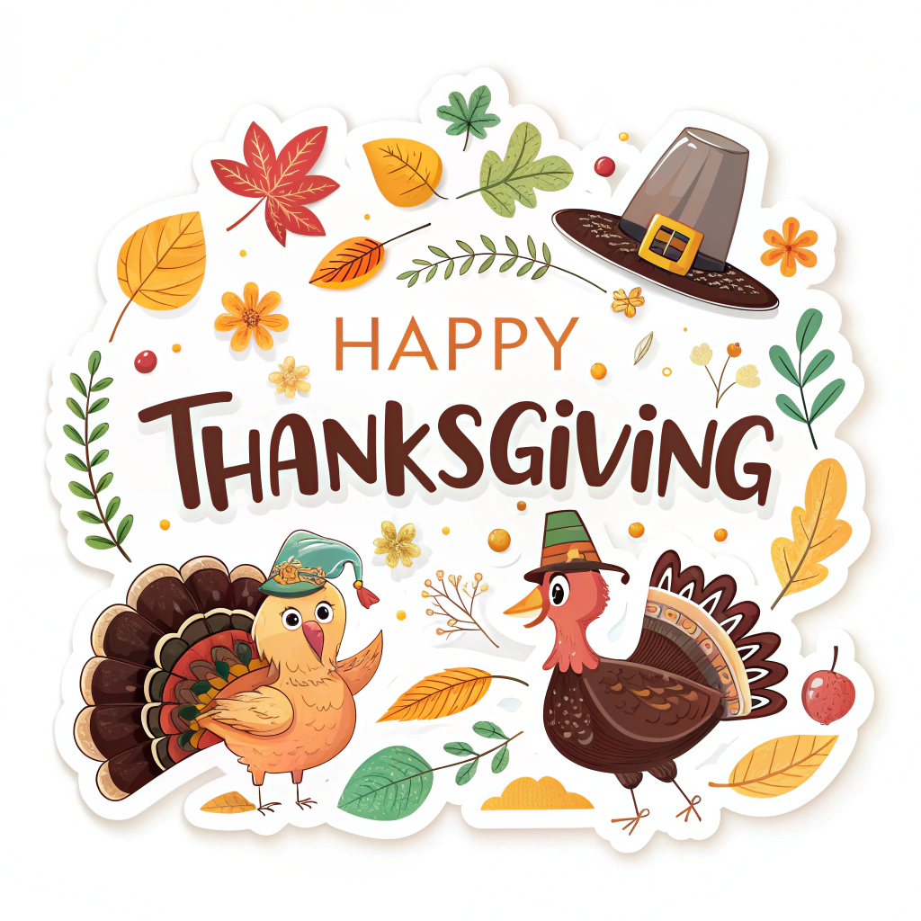 The image shows a poster with a white background featuring a happy Thanksgiving sticker with two turkeys, leaves, flowers, and a pilgrim hat. The text reads 