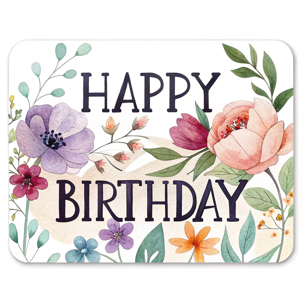 A rectangular sticker with a watercolor floral background and the words 'Happy Birthday' overlaid in a bold, sans-serif typeface.