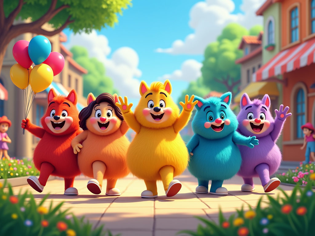 A group of cartoon characters having a parade, each dressed in a different color of the rainbow.