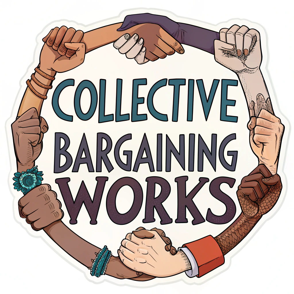 Design featuring a graphic of diverse hands clasped firmly together in a circle around the words 'Collective Bargaining Works'.