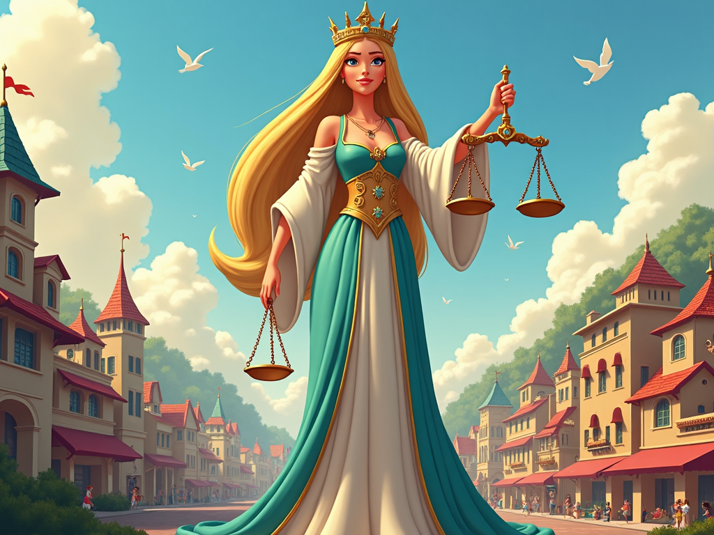 Lady Justice is imaginatively cartooned as a giantess towering over a cityscape, her scales holding miniature city elements like houses and people showing her vast influence on society.