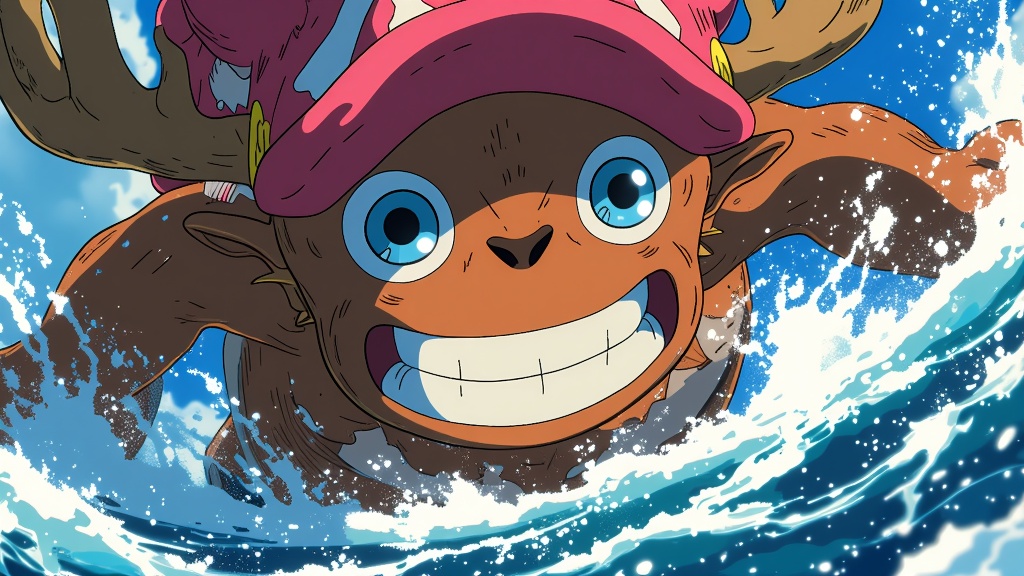 A dramatic One Piece wallpaper featuring a close-up of Tony Tony Chopper in his monster form, highlighting his transformation during a daring escapade on the Grand Line.