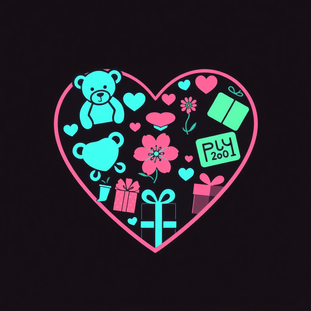 A heart outline filled with various gift-related icons like a teddy bear, a flower, and a wrapped present.