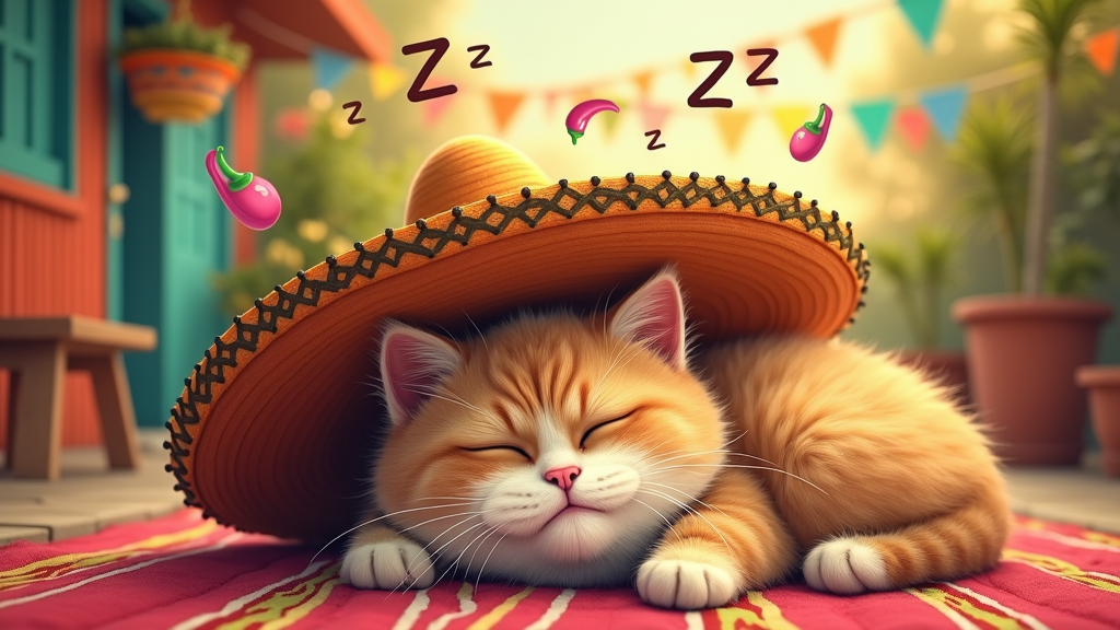 Sleepy Siesta Gato: An adorable, plump cat taking a nap under a large, shady sombrero, with 'Zzz' and little chili peppers floating above. Text: 'Cinco de Gato: Fiesta Hard, Nap Harder.'