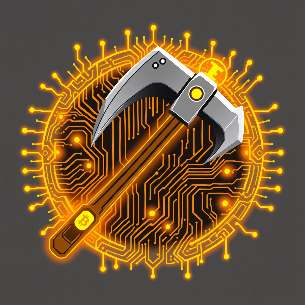 Pickaxe & Circuitry Fusion: A design combining a modern, stylized pickaxe morphing into or integrated with intricate circuit patterns. Colors: metallic grays for the pickaxe, glowing gold or bright orange for circuitry and Bitcoin accents. Strong, blocky font.