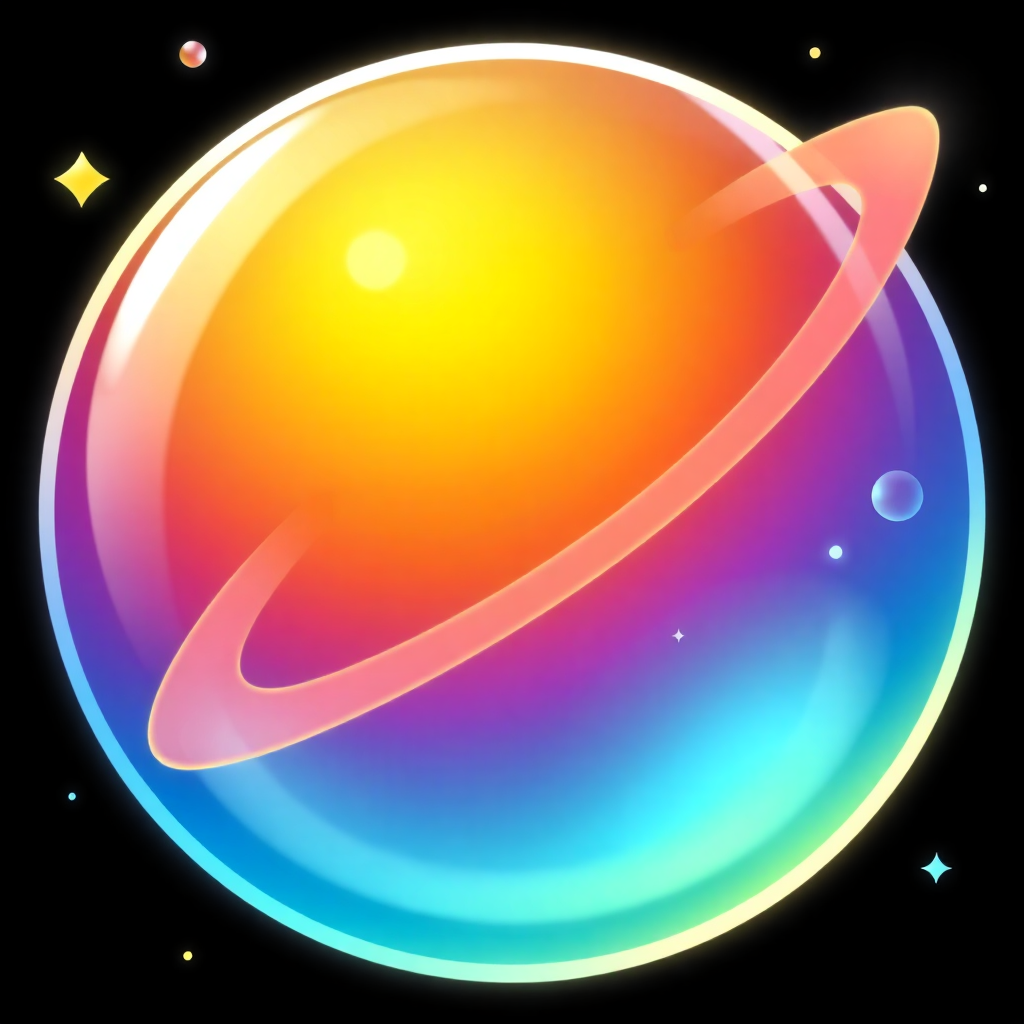 The image is a digital illustration of a planet with a ring around it. The planet is in the center of the image, with a bright orange and yellow color scheme. The ring is curved and appears to be floating around the planet. The background is black, with small white stars scattered around. The colors of the planet are blue, pink, and purple, creating a rainbow-like effect. The overall color scheme is vibrant and eye-catching.