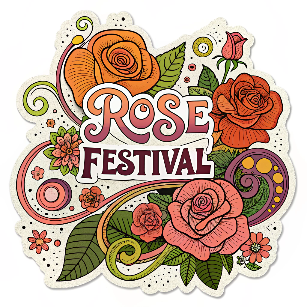 Groovy 70s Floral Burst Sticker: A dynamic composition of stylized roses and floral elements with swirling patterns, thick outlines, and a vibrant psychedelic color palette (e.g., orange, hot pink, lime green). 'Rose Festival' in a bubbly, era-specific font.