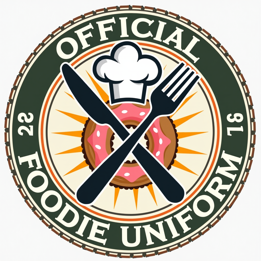 Sub Design Idea 1 (Emblem Style): Create a circular or shield-shaped emblem. Prominently feature 'Official Foodie Uniform' with 'International No Diet Day' incorporated. The center could display a crossed fork and knife, a chef's hat, or a happy food character (e.g., a smiling donut).