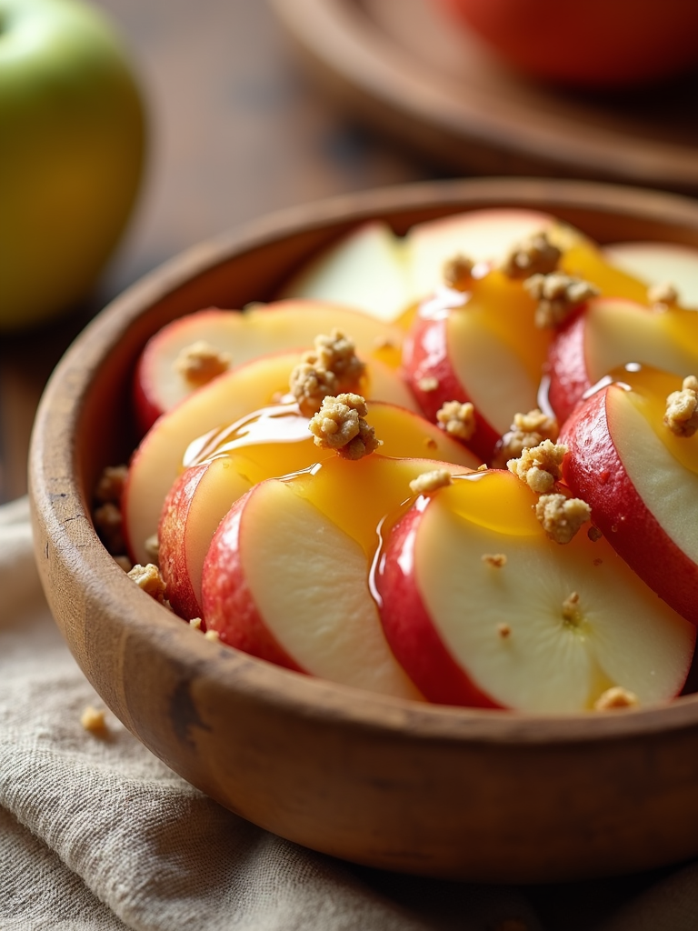 A small bowl filled with apple slices, honey, and walnuts, showcasing a rustic and cozy feel. Use natural wood or ceramic bowls to enhance the organic vibe.