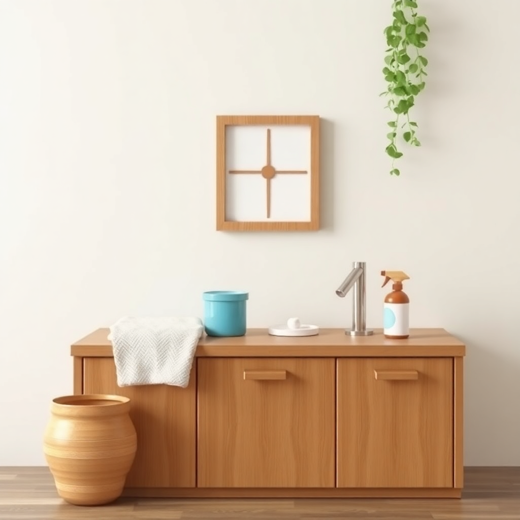  a modern bathroom with a wooden vanity against a white wall. The vanity has two doors and two drawers, and a sink with a silver faucet. On top of the vanity, there is a blue bucket and a white towel. Next to the sink, there are two bottles of hand sanitizer and a small potted plant. The floor is made of light-colored wood, and the walls are painted white. The overall aesthetic of the bathroom is minimalistic and contemporary.