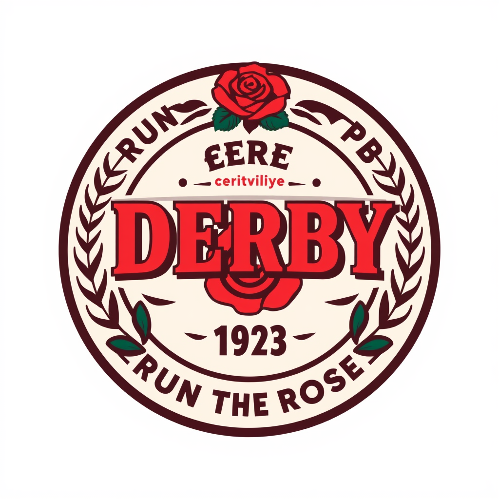 Sub-Design Idea: A badge or emblem style logo, perhaps circular, shield-shaped, or reminiscent of a jockey silk patch, combining classic Derby iconography (horses, roses, laurels) with bold, vintage lettering and potentially incorporating the year or 'Run for the Roses' tagline.