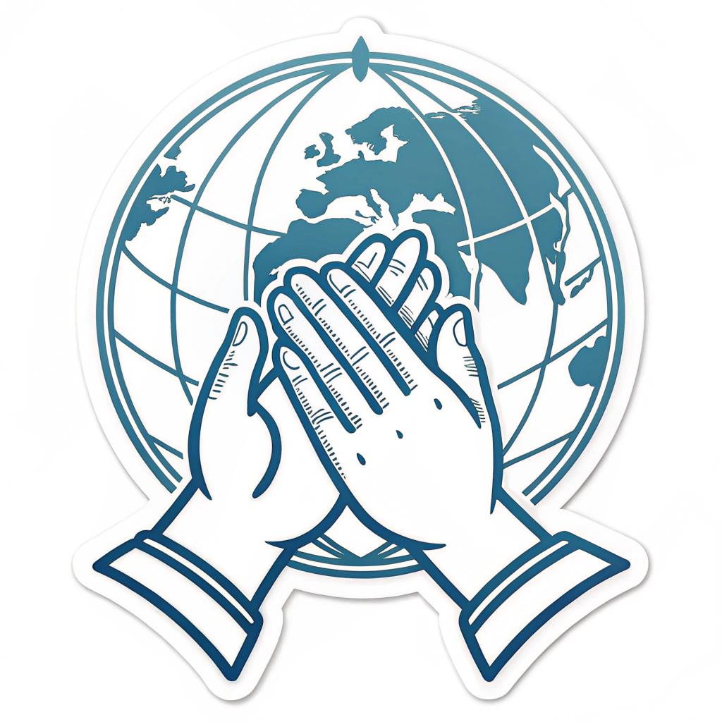 Sub-design 3: A minimalist design with highly stylized, iconic clasped hands. The hands could be formed from lines that also subtly depict the longitude/latitude lines of a globe, emphasizing the 'global' aspect.
