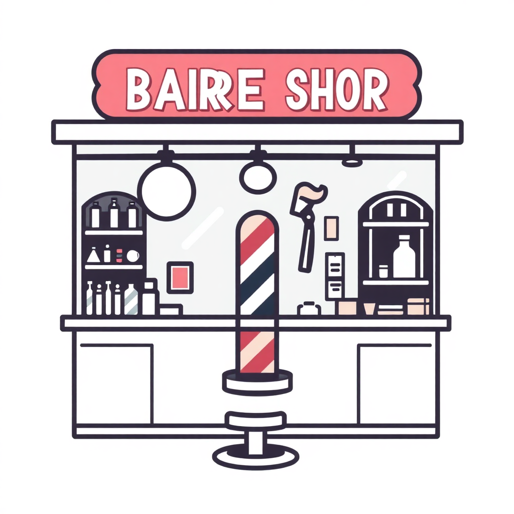 The image is an illustration of a barber shop. The shop has a red sign that reads BAIRE SHOR in white letters. Below the sign, there is a red and white striped barber pole with a pair of scissors hanging from it. On the left side of the shop, there are shelves with various barber tools such as a razor, a comb, and a hair dryer. The countertop is made of wood and has a sink and a mirror. The overall style of the illustration is simple and minimalistic.