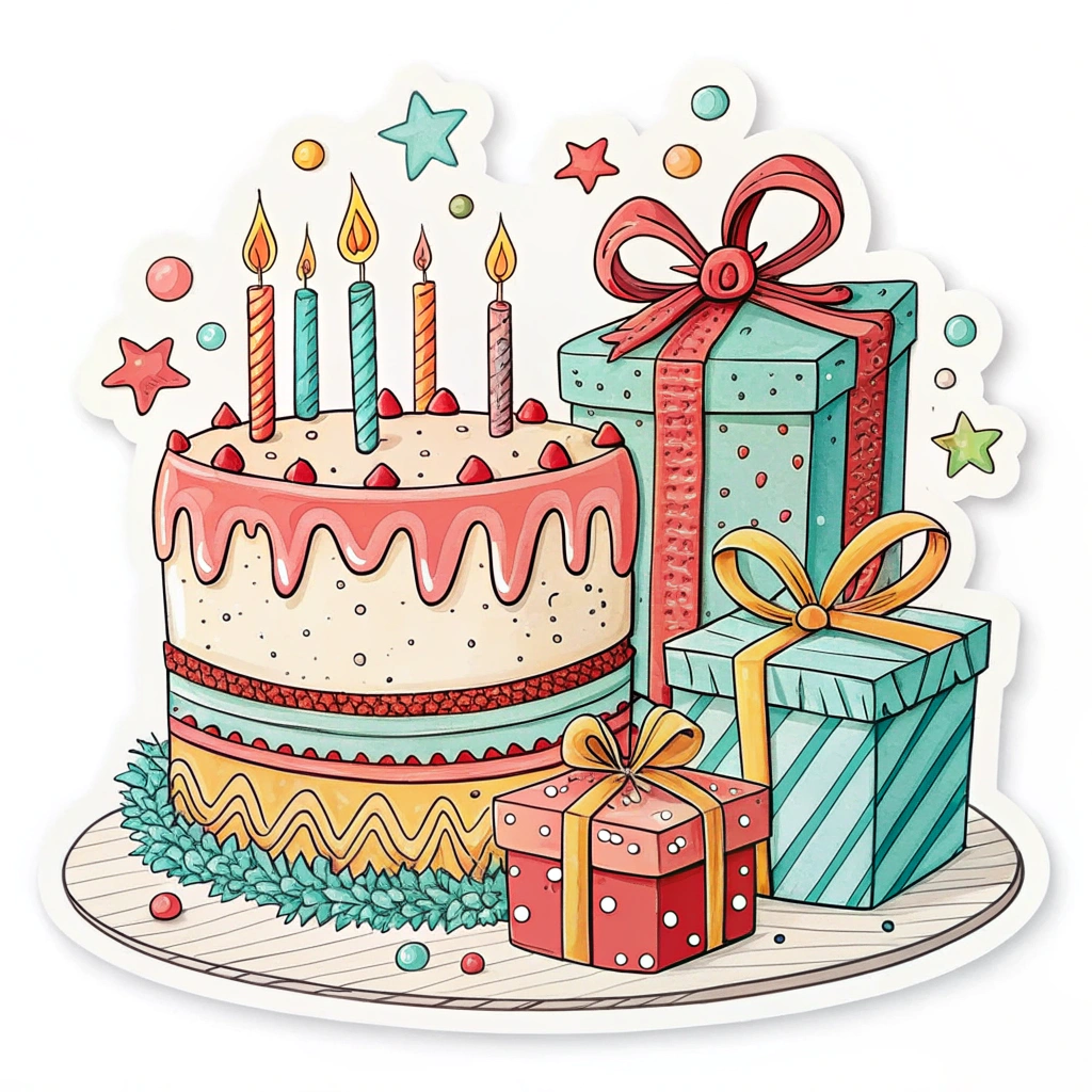 A sticker with a cake and gift boxes.