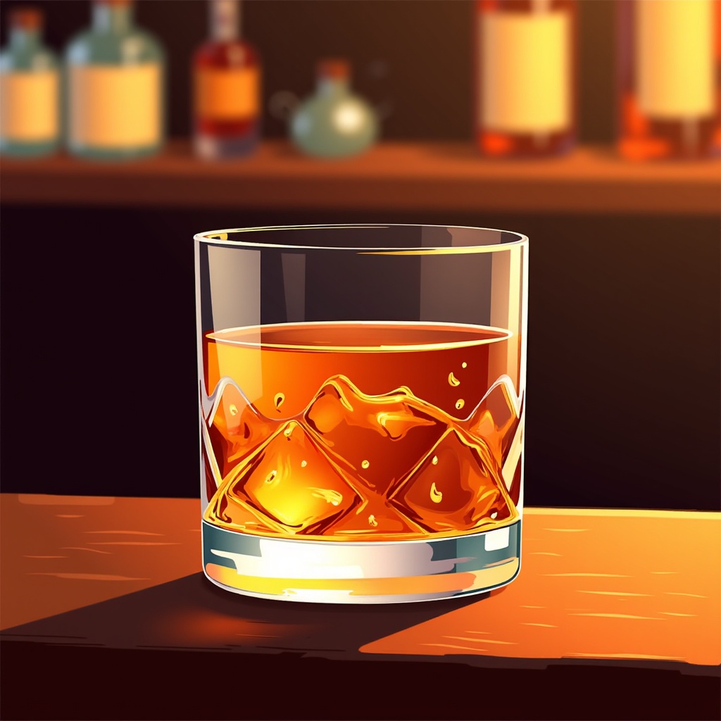 The image is a digital illustration of a glass of whiskey on a bar counter. The glass is filled with a golden-brown liquid and has ice cubes floating in it. The background is blurred, but it appears to be a bar with several bottles of alcohol on the shelves behind the glass. The overall color scheme of the image is warm and inviting, with shades of orange, yellow, and brown.