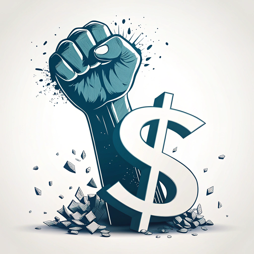Sub-Design 2: A stylized clenched fist rising, shattering a dollar sign ($) or a factory symbol.