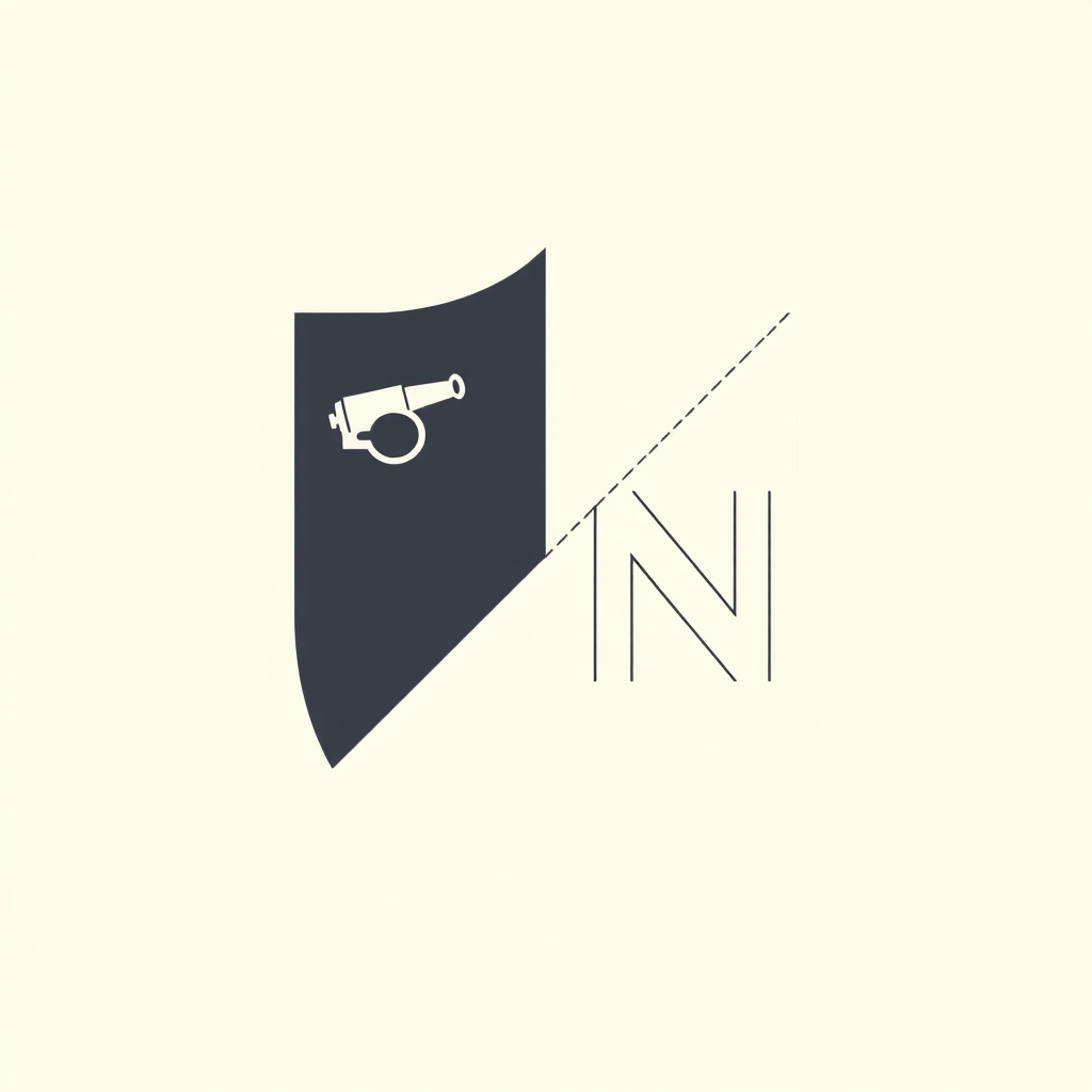 A minimalist shield divided diagonally. One section features a simplified, geometric cannon icon. The other section displays a stark 'NL' (North London) monogram using bold, angular lines.